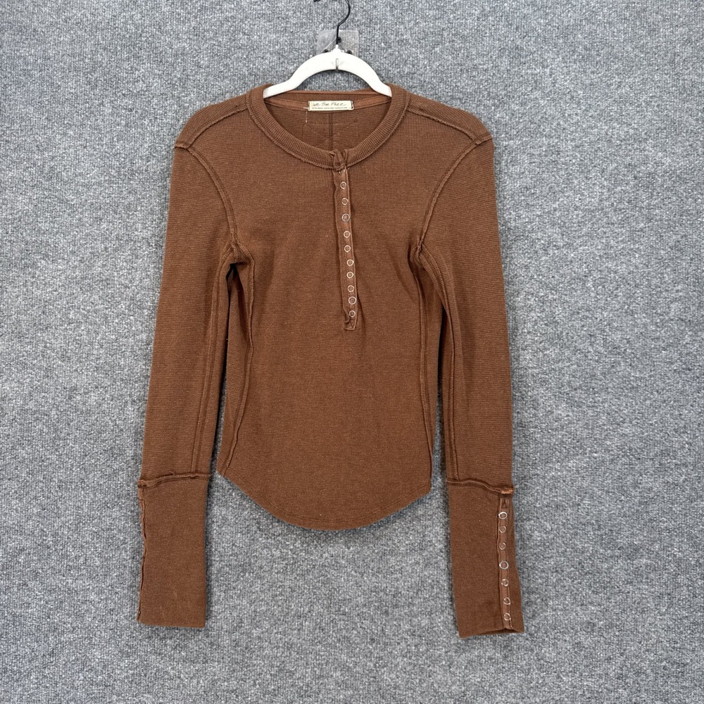 We The Free Henley Shirt Womens XS Brown Waffle Knit Thermal Long Sleeve Y2K